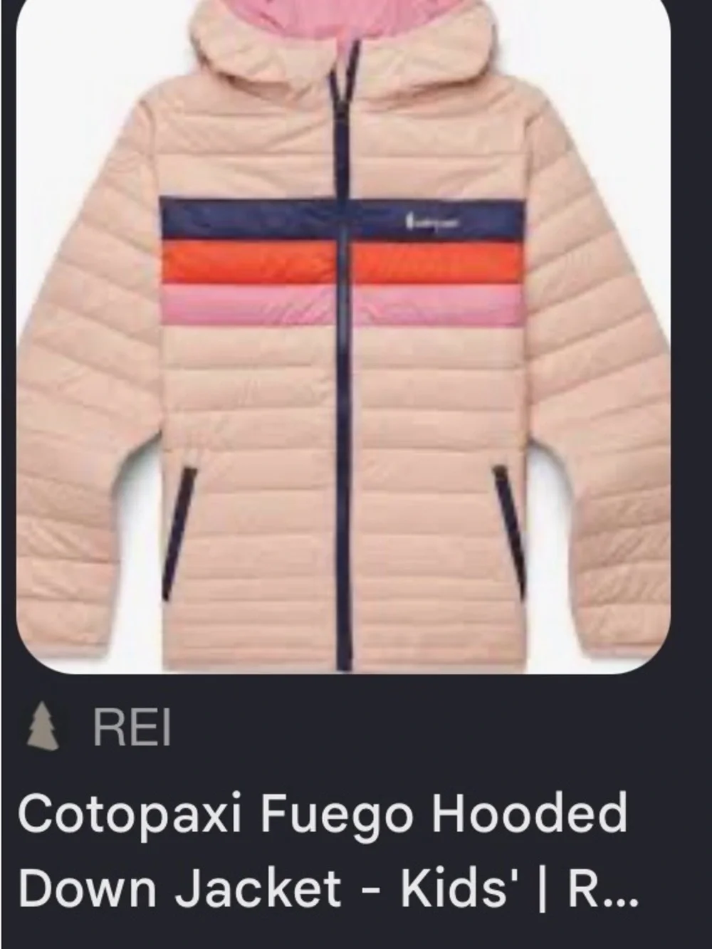 Cotopaxi Kids' Fuego Hooded Down Jacket - Blush with Color-Block Stripes